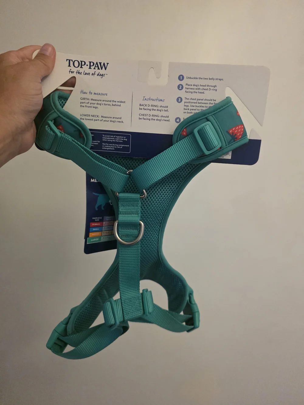 Top Paw Teal Harness with Red Strawberry Print - Adjustable Large
